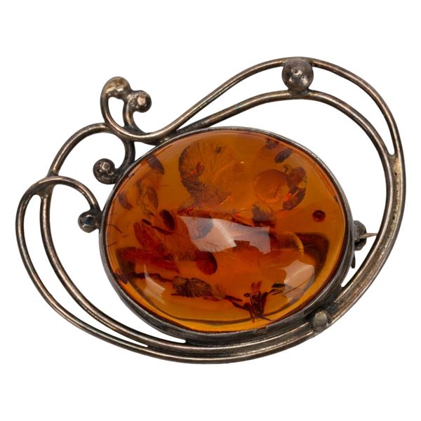 Sterling Baltic Russian Amber Brooch
