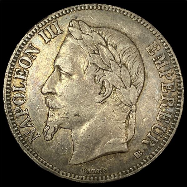 1867 France Silver 5 Francs Napoleon III NEARLY UNCIRCULATED