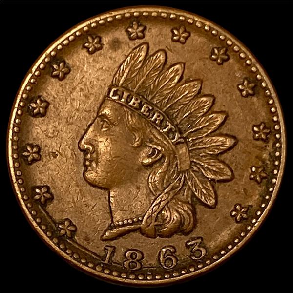 1863 Civil War Token Indian Head Copper. NEARLY UNCIRCULATED