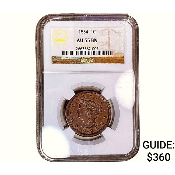 1854 Braided Hair Large Cent NGC AU55 BN