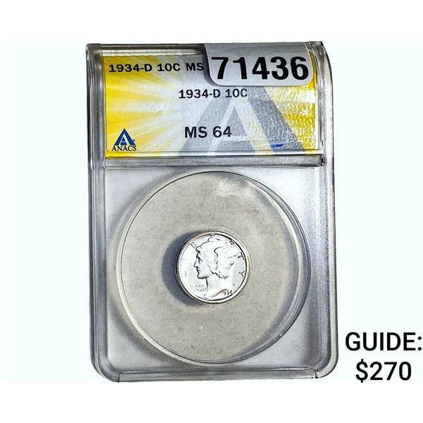 1934-D Mercury Silver Dime ANACS MS64