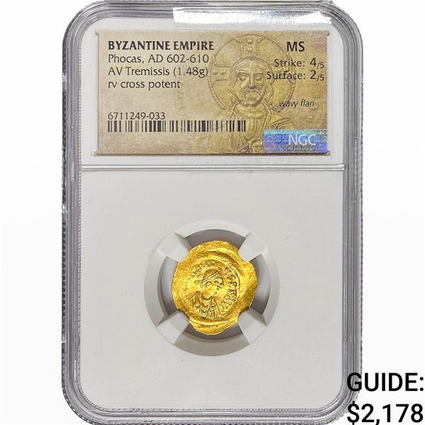 Byzantine Phocas, AD 602-610 Gold Tremissis 1.48G NGC MS