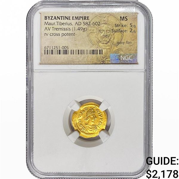 Byzan. Maur.Tiberius 582-602 Gold Tremissis 1.49G NGC MS