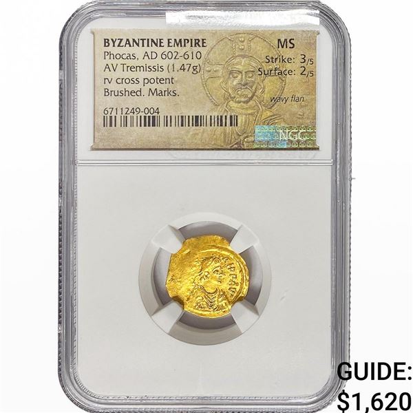 Byzantine Phocas, AD 602-610 Gold Tremissis 1.47G NGC MS