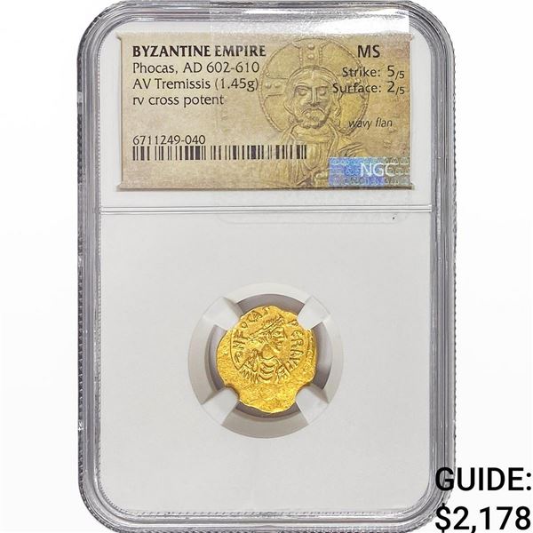 Byzantine Phocas, AD 602-610 Gold Tremissis 1.45G NGC MS