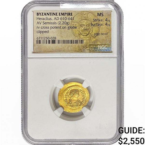 Byzantine Heraclius AD610-641 Gold Semissis 2.20G NGC MS