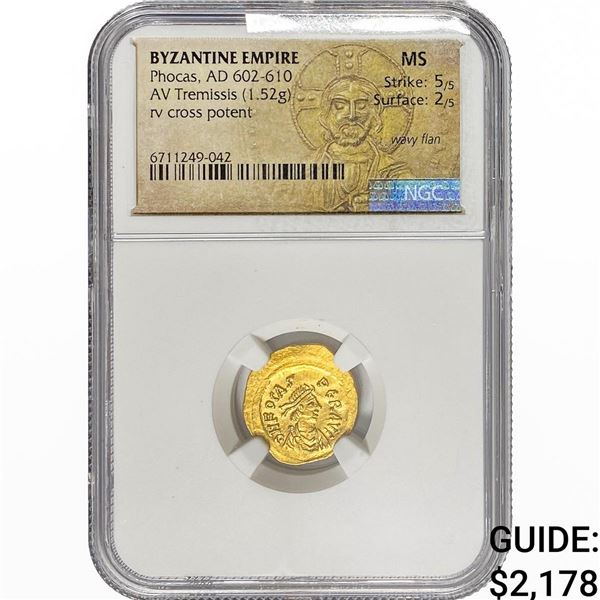 Byzantine Phocas, AD 602-610 Gold Tremissis 1.52G NGC MS
