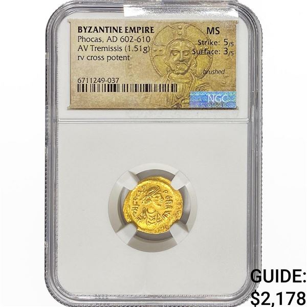Byzantine Phocas, AD 602-610 Gold Tremissis 1.51G NGC MS
