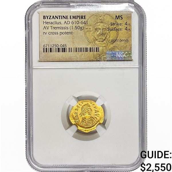 Byzantine Heraclius 610-641 Gold Tremissis 1.50G NGC MS