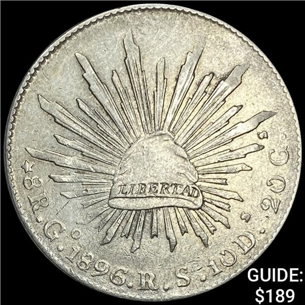 1896Go RS Mexico Silver 8 Reales Cap&Rays NEARLY UNCIRCULATED