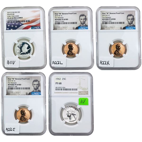 [5 Coins]1962-2019 U.S. Penny&Quarter Set PF68-69