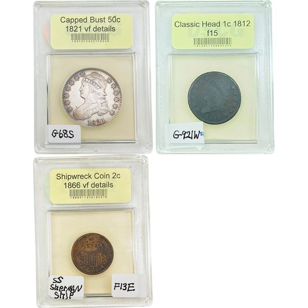 [3 Coins]1812-1866 U.S. 1C, 2C&50C Coin Lot USCG