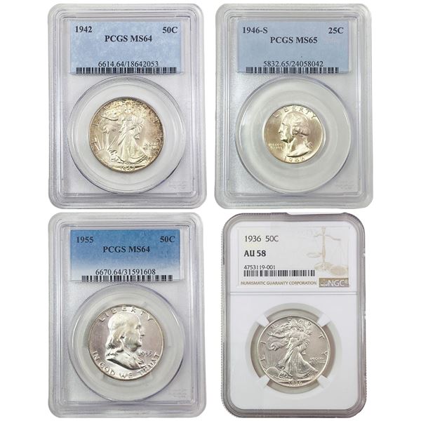 [4 Coins]1936-1955 U.S. Half Dollar&Quarter Lot