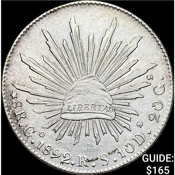 1892Go RS Mexico Silver 8 Reales Cap and Rays CHOICE AU