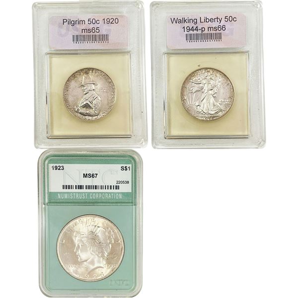 [3 Coins]1920-1944 U.S. Silver Half Dollar/Dollar USCG/NTC MS65-67