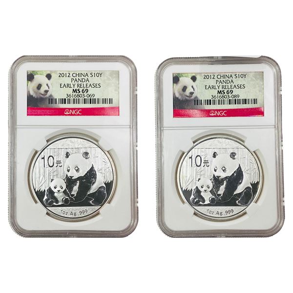 [2 Coins]2012 China 1 oz Silver Panda 10 Yuan NGC MS69