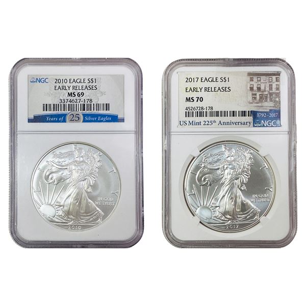 [2 Coins]2010-2017 Silver Eagle NGC MS69/70