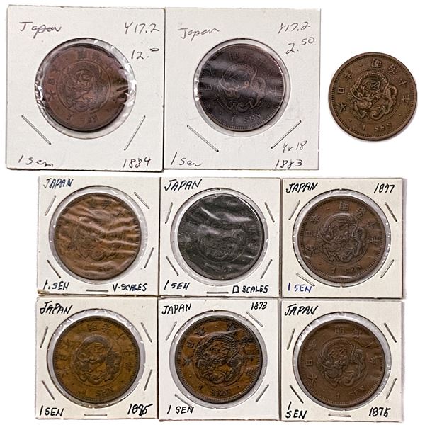 [9 Coins] 1873-1885 Japan Dragon 1 Sen