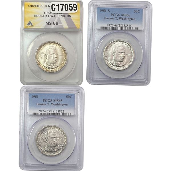 [3 Coins] 1951 Booker T Half Dollar ANACS/PCGS MS65-66