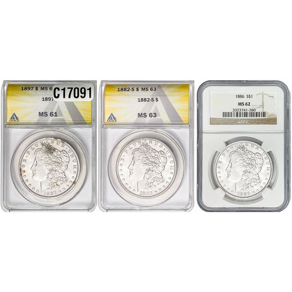[3 Coins] 1882-1897 Morgan Silver Dollar ANACS/NGC MS61--63