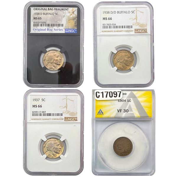 [4 Coins] 1904-1938 Indiand Head & Buffalo Coins ANACS/NGC VF/MS30-66