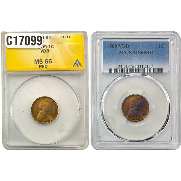 [2 Coins] 1909 VDB Wheat Cent ANACS/PCGS MS65