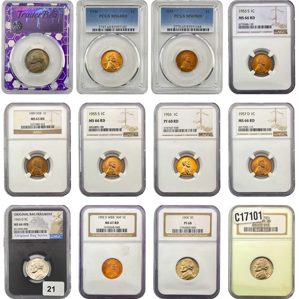 [12 Coins] 1909-1964 Wheat & Jefferson Coins PCGS/NGC PF/MS63-69