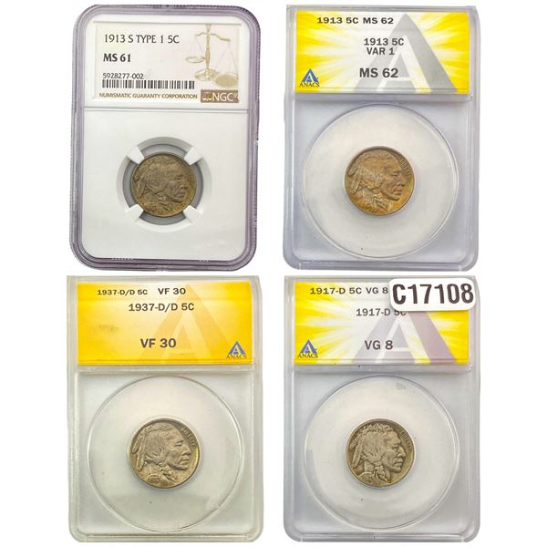 [4 Coins] 1913-1937 Buffalo Nickel ANACS/NGC VG/VF/MS8-62