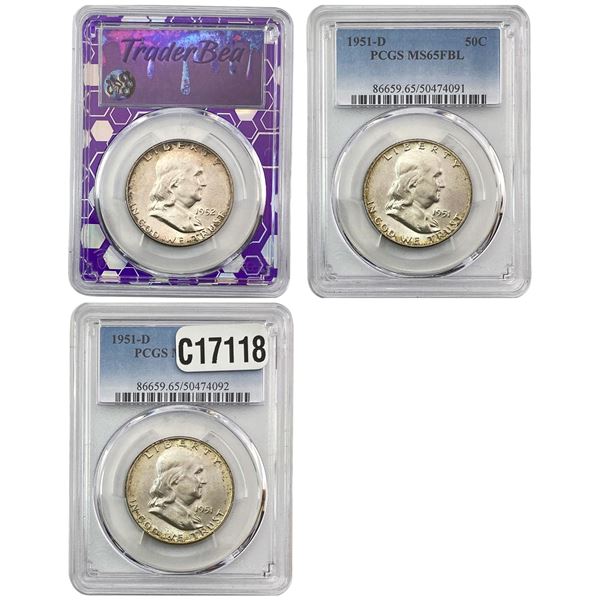 [3 Coins] 1951-1952 Franklin Half Dollar PCGS MS65 FBL