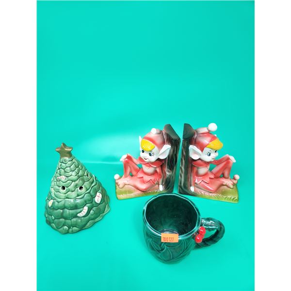 VTG Elf Bookends, Ceramic Christmas & Mug