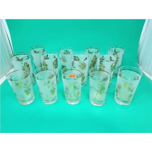 Two Sets Of Glass Tumblers Decorated w/ Gold Motif Of Cones & Leaves