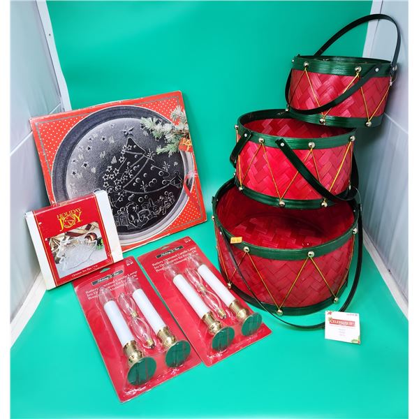 Holiday Time Battery Operated Candle Lamps, Plates & Red Christmas Baskets