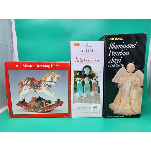 8" Musical Rocking Horse, Hallmark Light-Up Snowmen, Noma Illuminated Porcelain Angel