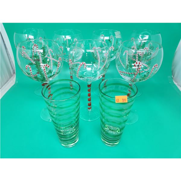 Hand-Painted Candy Cane Wine Glasses & 2 Green Swirl Tumblers