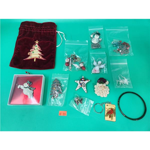 Christmas Jewelry Lot w/ Christmas Tree Brooch, Santa Earrings, Key Ring, Snowman Necklace, & More