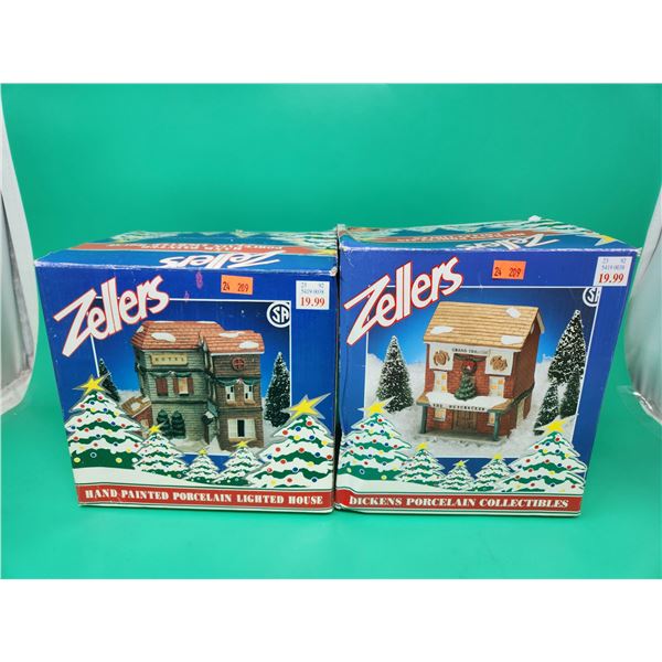 2 Hand-Painted Lighted Porcelain Buildings (House & Theatre)