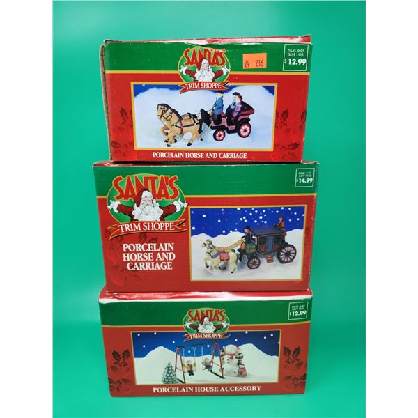 Santa's Trim Shoppe Porcelain Winter Village Figurines/Accessories w/ Horse & Carriages & Swing Set