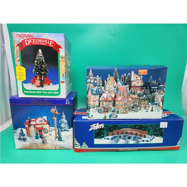 Winter Village Buildings & Accessories w/ Porcelain Bridge, Tree Park Bench, Café-Bar, & More