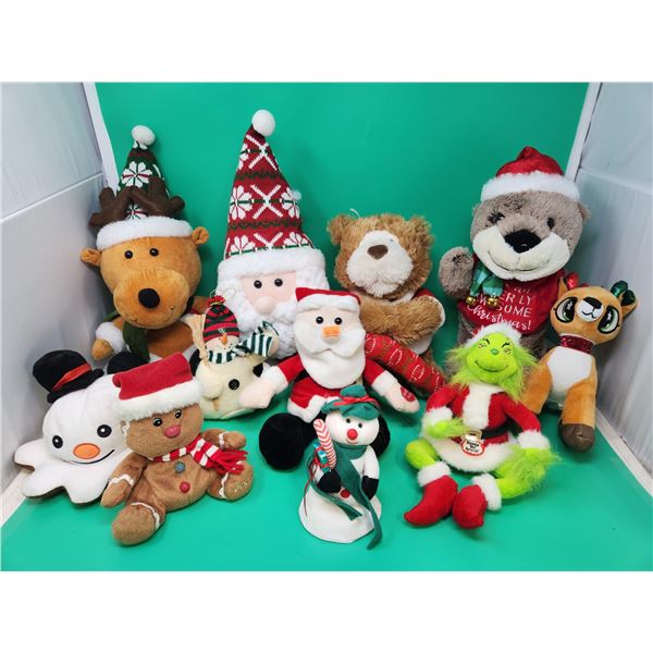 Lot of Assorted Christmas Plush Toys w/ Reindeer, Santa, Snowmen, Grinch, & More
