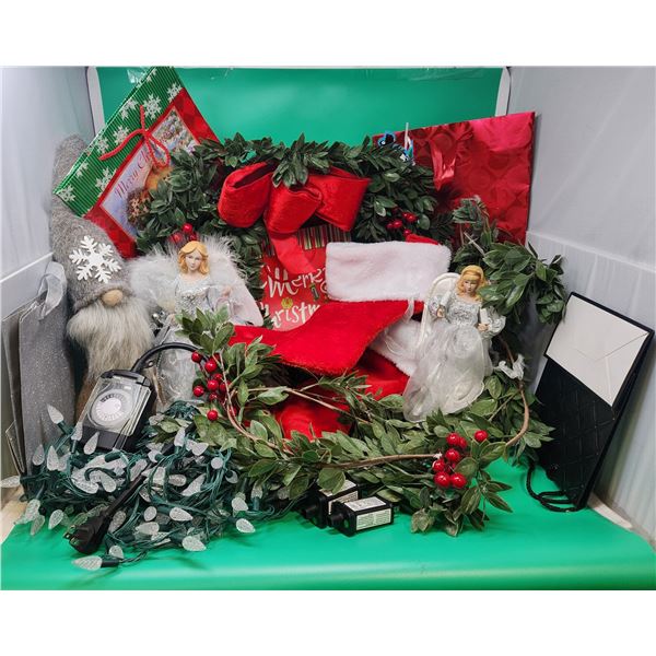 Christmas Decor & Gift Bag Lot w/ Angel Tree Toppers, Clear Lights, Wreath, & More