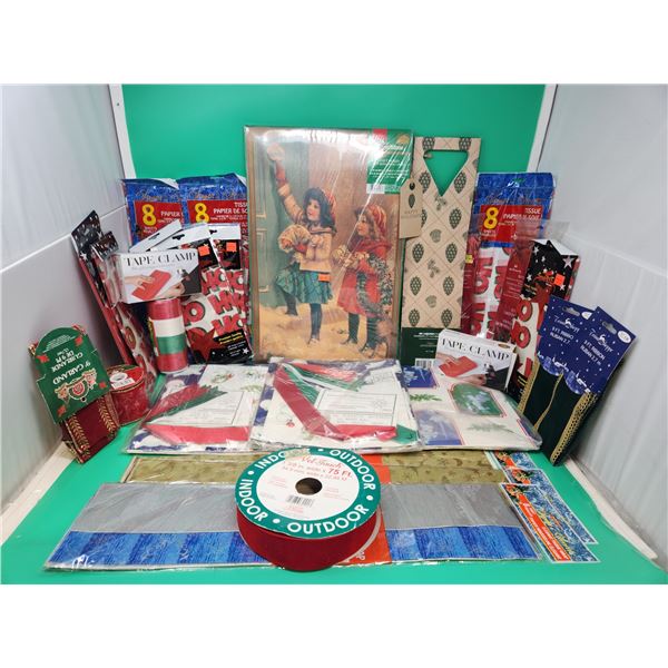 Gift Box & Wrapping Lot w/ Assorted Ribbon, Tape Clamps, Tissue Paper, & More