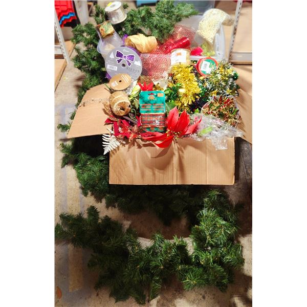 Ribbon & Garland Lot w/ Assorted Ribbon, Faux Evergreen Garland, & More