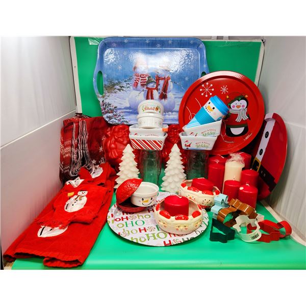 Christmas Kitchen & Home Lot w/ Cast Iron Nutcracker, Serving Trays, Loaf Pans, Candles, & More