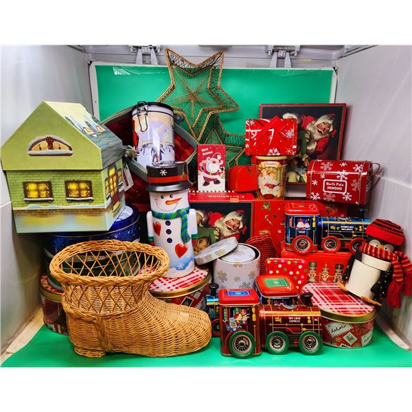 Assorted Christmas Cannisters & Decor w/ Snowman Tin, Train Tins, Santa's Boot Basket, & More
