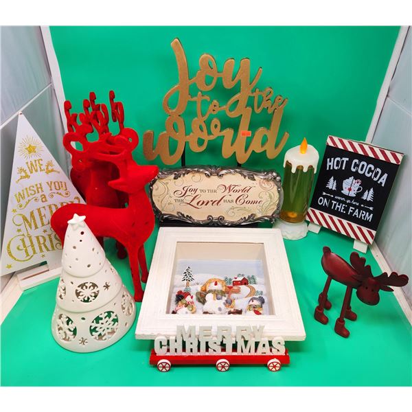 Christmas Decor Lot w/ Signs, Velvet Reindeer, Tree Tealight Holder, & More