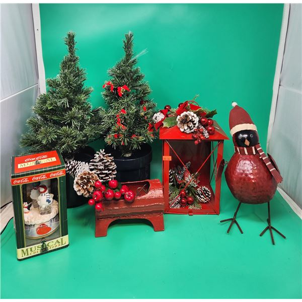 Christmas Decor Lot w/ Cast Iron Fire Log, Lantern, 2 Trees, Musical Coca-Cola Figurine, & More