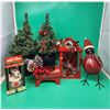 Image 1 : Christmas Decor Lot w/ Cast Iron Fire Log, Lantern, 2 Trees, Musical Coca-Cola Figurine, & More