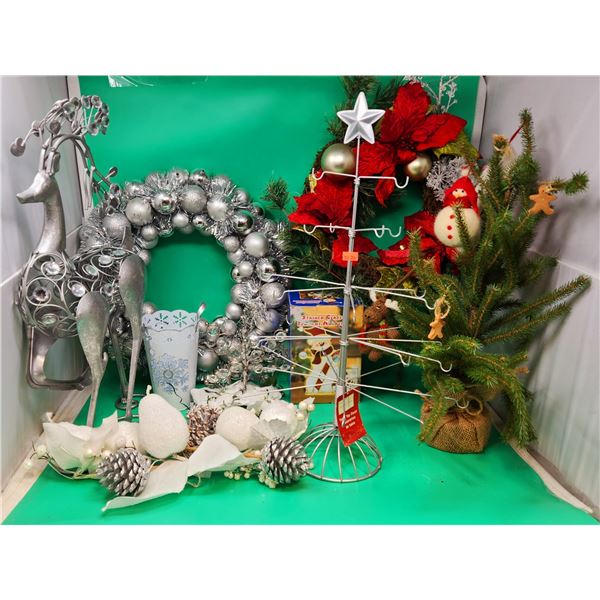 Christmas Decor Lot w/ Ornament Wreath, Stained Glass Tealight Holder, Reindeer Figure, & More