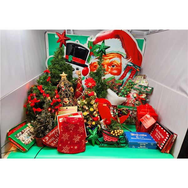 Christmas Decor Lot w/ Assorted Trees, Mini Ornaments, LED Lantern, & More