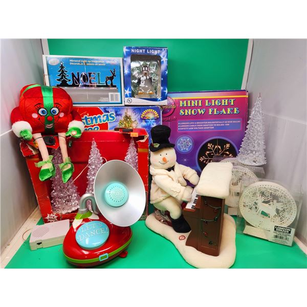 Christmas Decor Lot w/ Musical Snowman, Mini Light-Up Snowflake, Fiber Optic Tree, & More